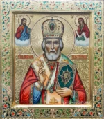 Палехская икона Николая Угодника с чеканкой