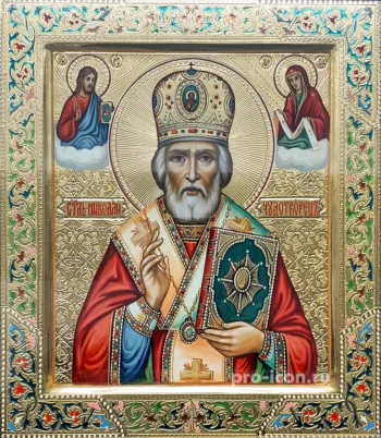 Палехская икона Николая Угодника с чеканкой