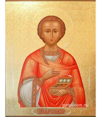 Палехская икона Пантелеймона с чеканкой